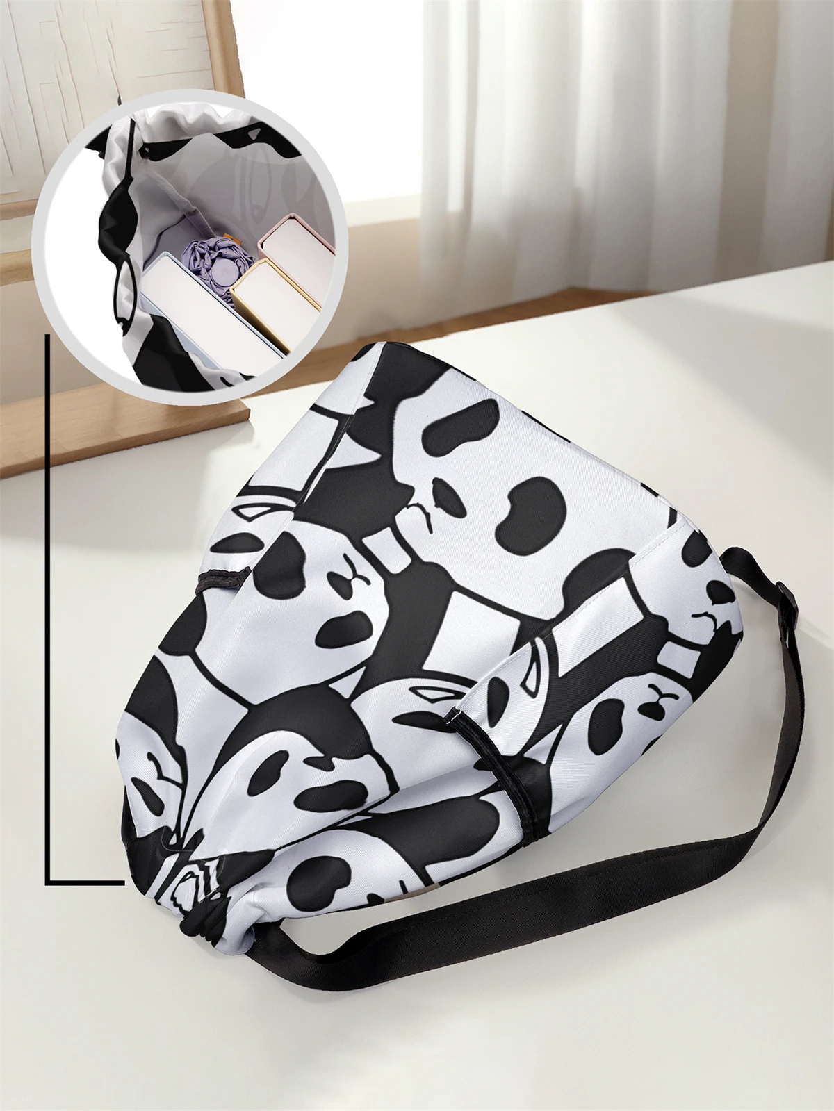 Panda Pattern Drawstring Backpack - Large Capacity Durable Fitness Bag, Adjustable Shoulder Strap, Sports Beach Backpack