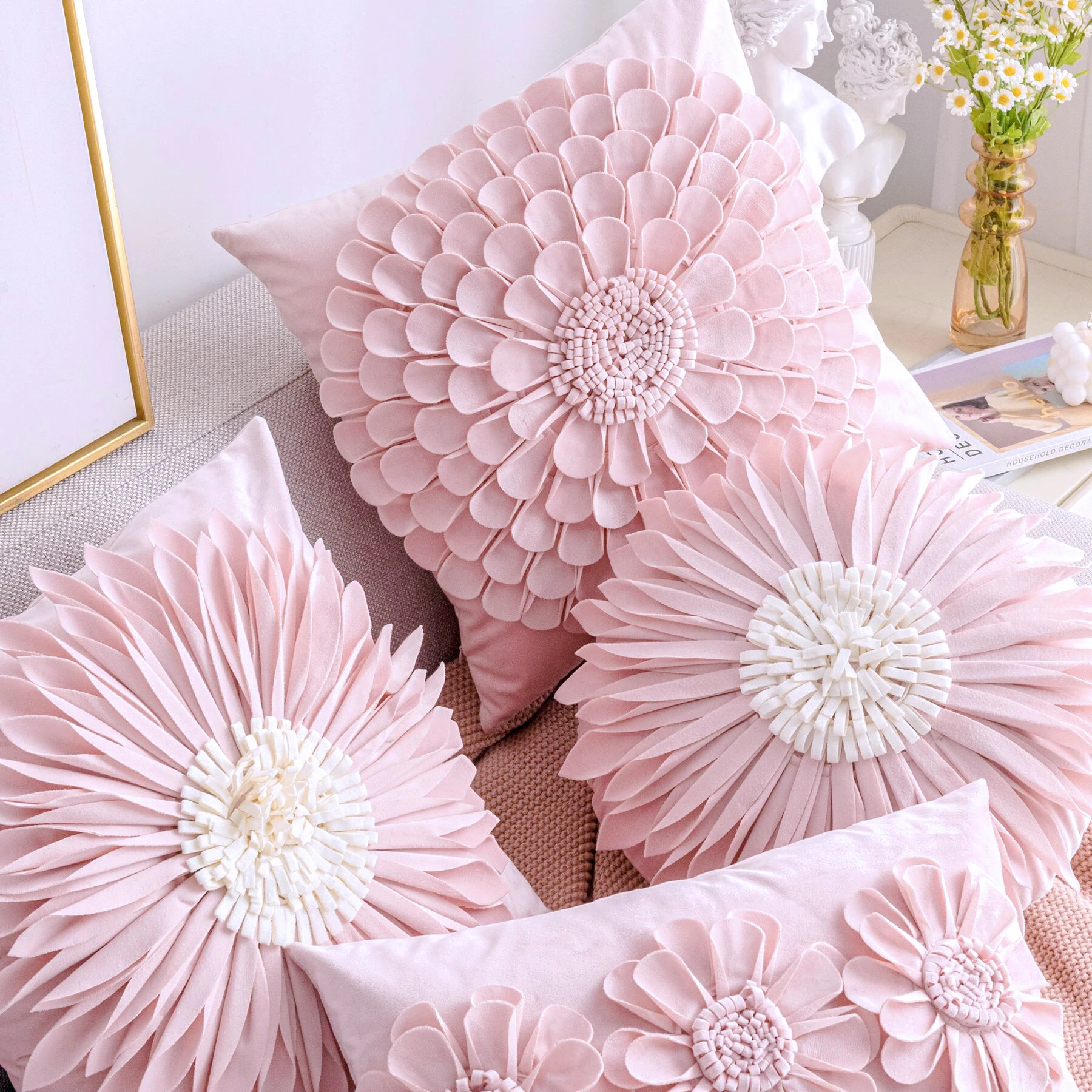 

3D Flower Pink Dutch Velvet Throw Pillow Cover 30x50/45x45cm Modern Simple and Luxury Ins Style Living Room Sofa Cushion Cover