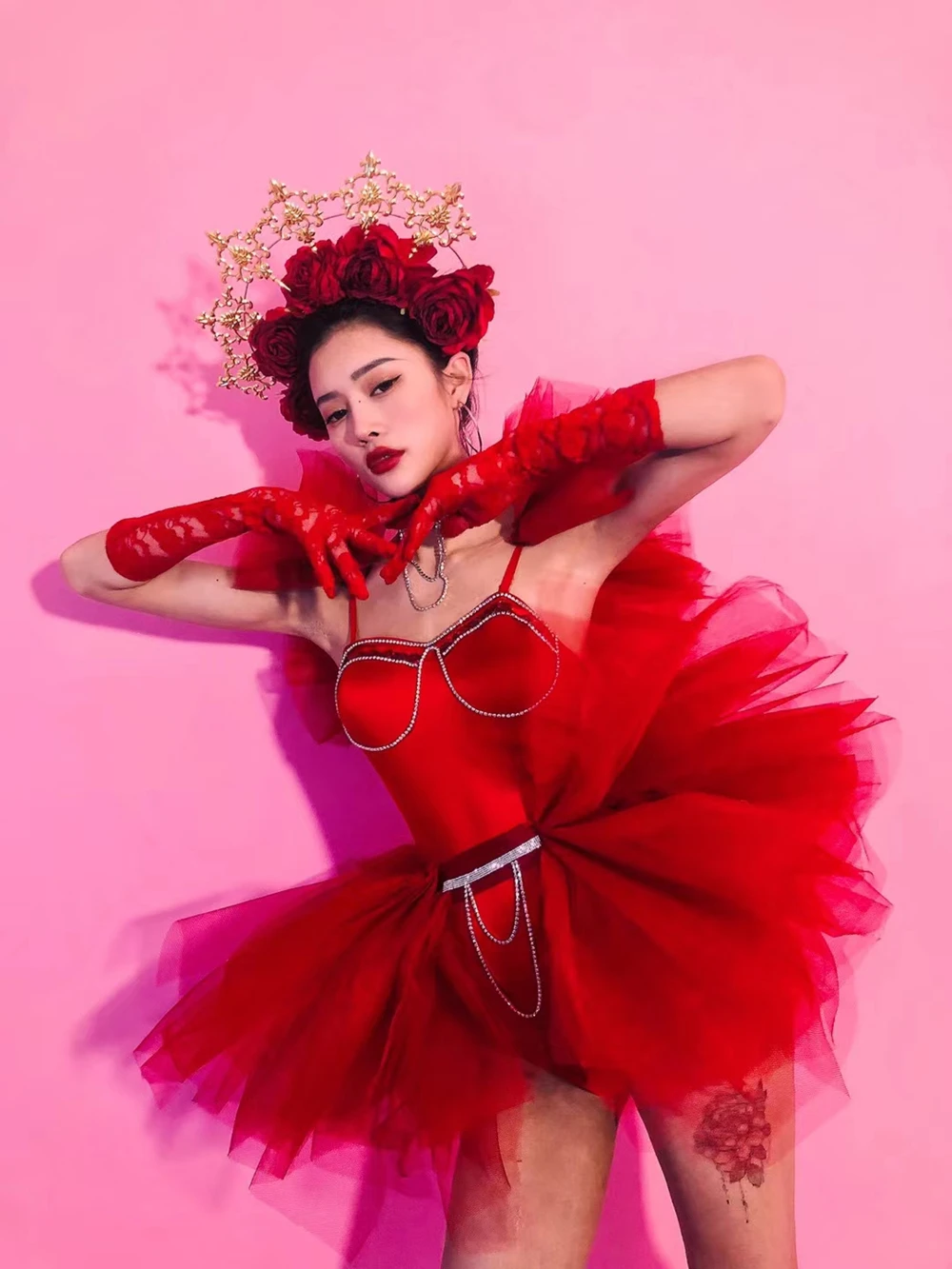 

Party Festival Clothing Nightclub Rave Outfit Sexy Red WomenTutu Dress Headwear Gogo Jazz Dancing Performance Clothes