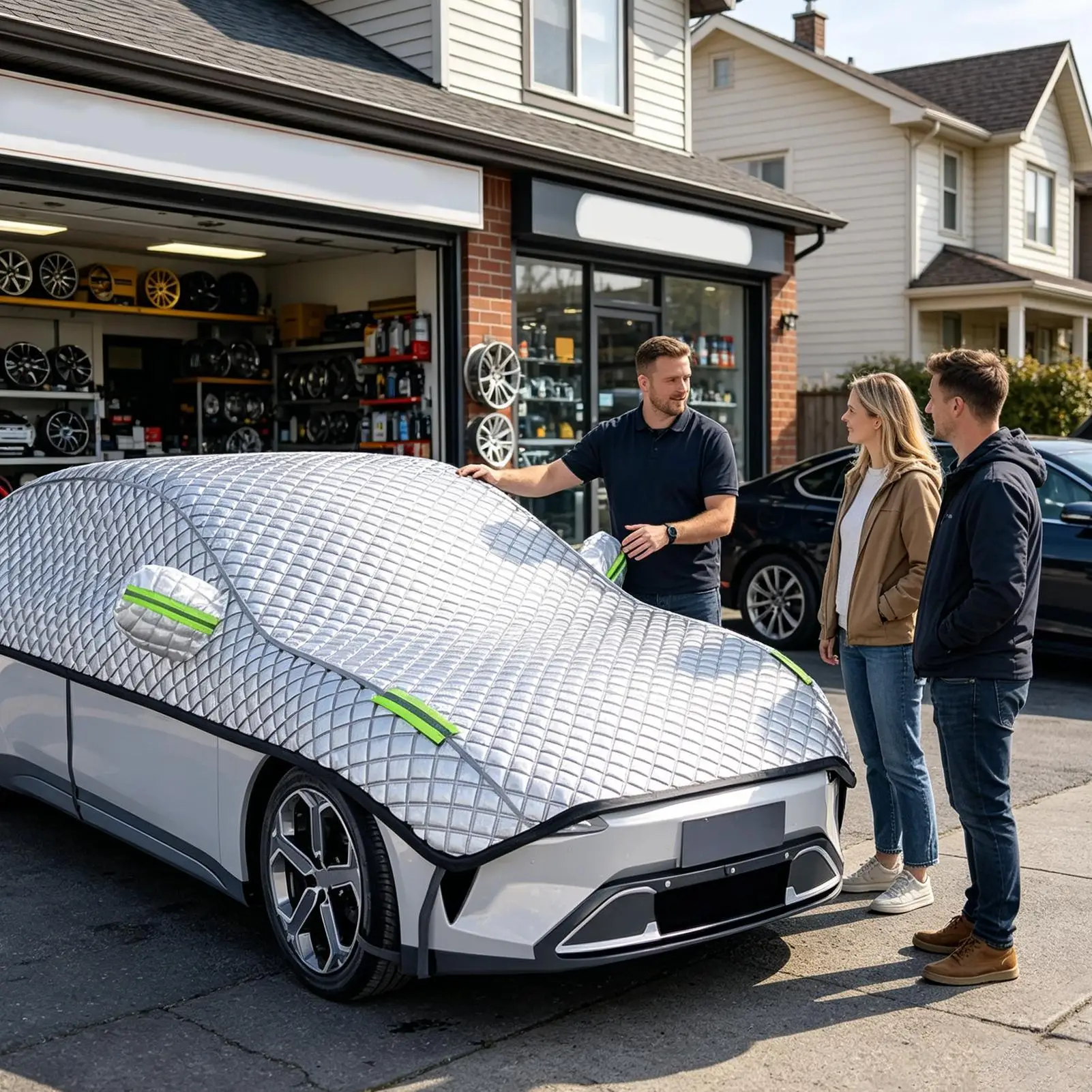 Copertura per auto ispessita impermeabile per tutte le stagioni con strisce riflettenti antivento universale per berlina e SUV - immagine 3