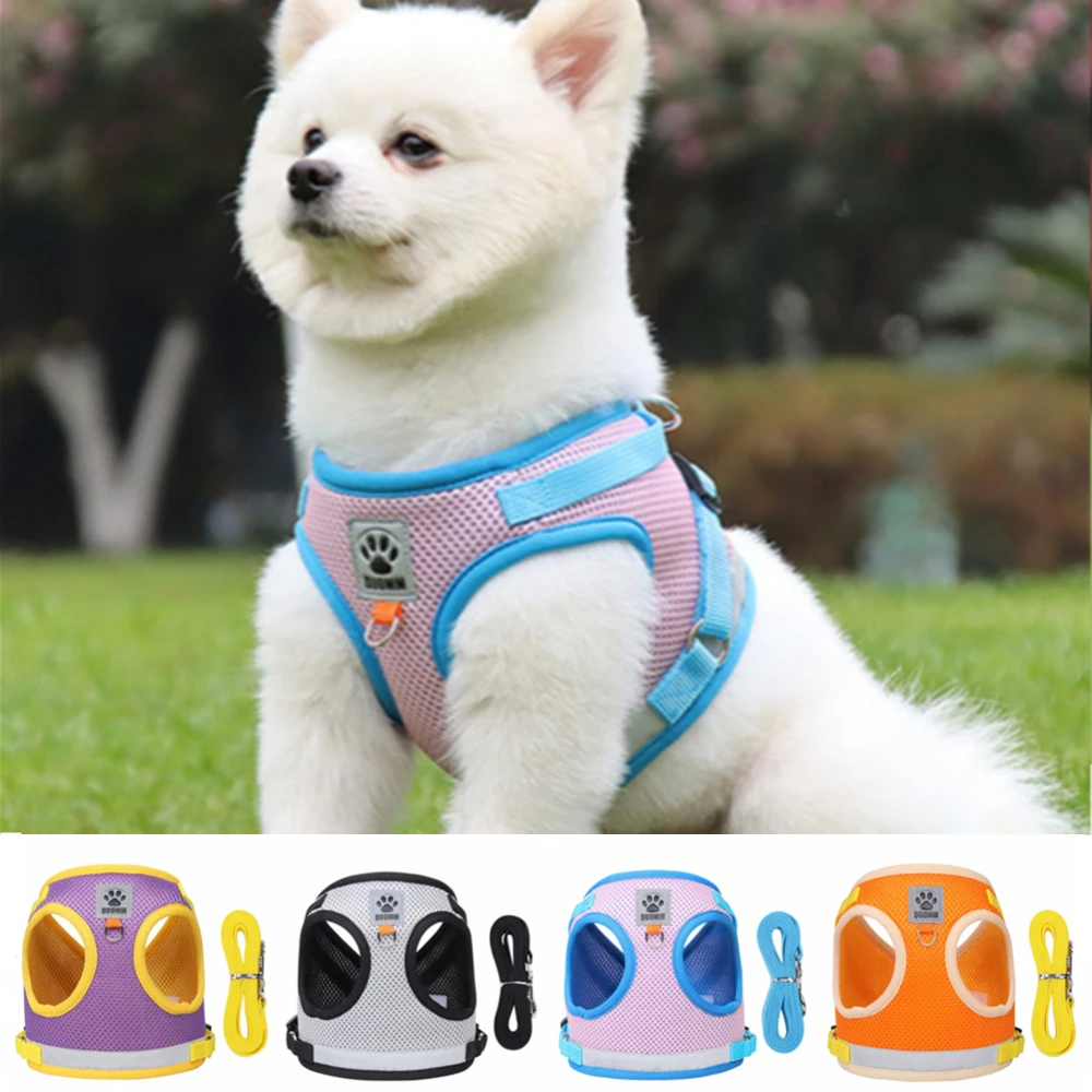 Reflective Harness Leash Adjustable Safe Breathable Mesh Vest Dog Harness Collar Chest Strap