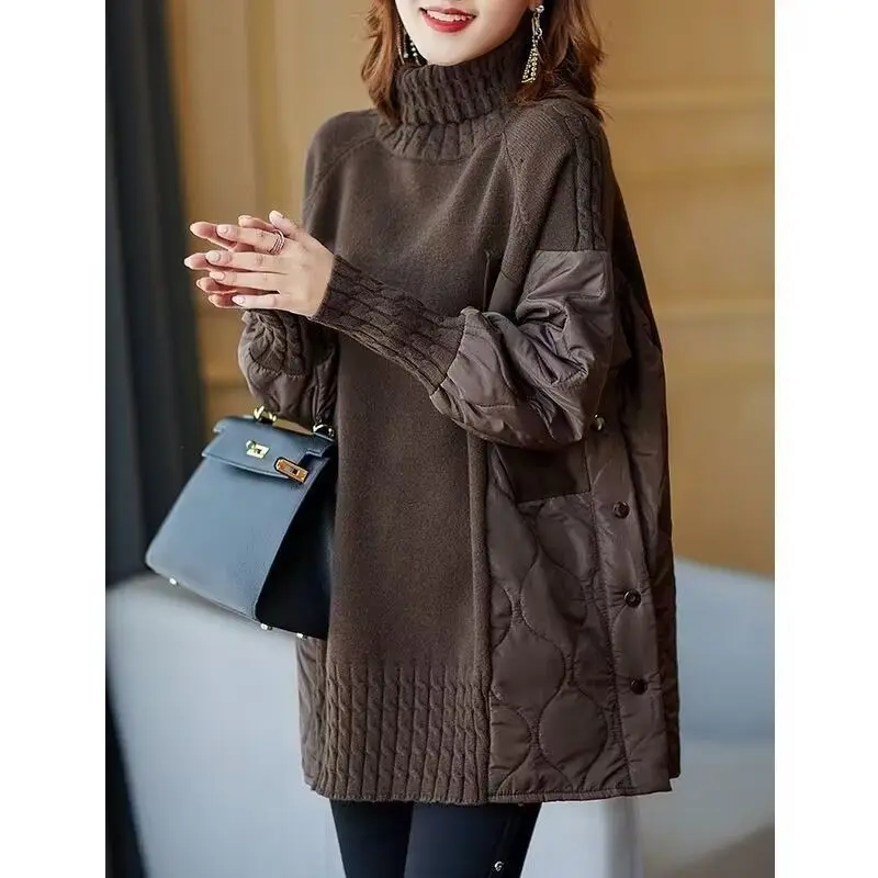 

Ladies Sweater Quilted Jacket Patchwork Autumn Winter New Long Sleeve Turtleneck Knit Tops Korean Style Women's Pullovers 2023