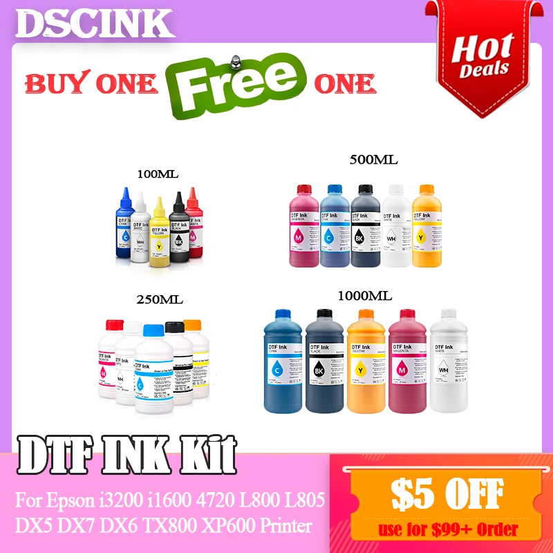 

Набор чернил DTF для принтера серии L1800, L805, 1390, I3200, DX5, XP600, 100 мл, 250 мл, 500 мл, 1000 мл