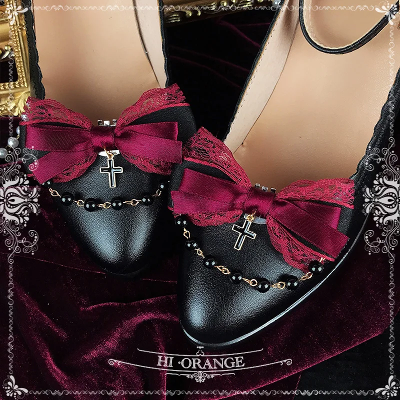 Wine Red Shoe Clip Ladies Retro Gothic Style Handmade Lolita Bow Shoe Ornament Fashion Shoe Buckle