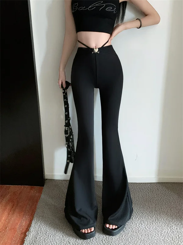 Black Low Waist Casual Pants For Female 2023 Summer Hot Girls Wide Leg Pants Slim And Droopy Design Micro Horn Pants