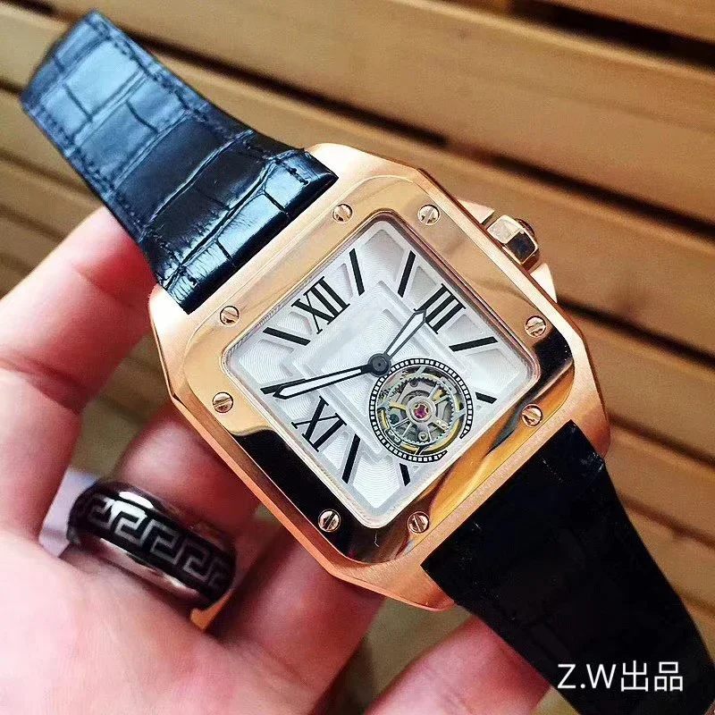 

Luxury New Mens Mechanical Watch Automatic Gold Black Blue Leather Tourbillion Fashion Watches