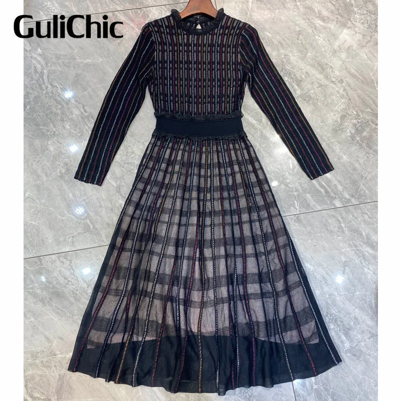 

8.28 GuliChic Women Elegant Fashion Bright silk Colorful Striped Plaid Collect Waist Lace Spliced O-Neck Knitted Dress