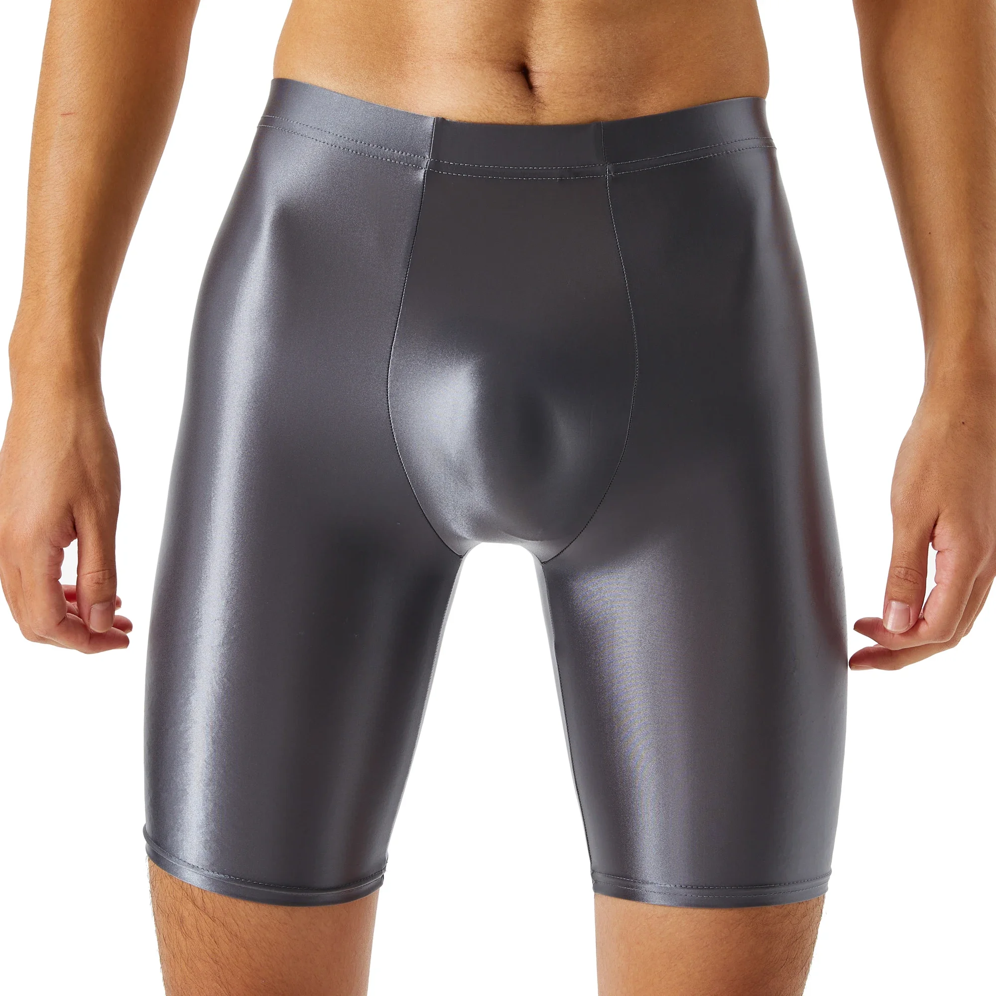 Sexy Men High Elastic Glossy Ice Silk Boxers Solid Color U Convex Long Leg Boxershorts Men Glossy Silky Fitness Shorts Underpant