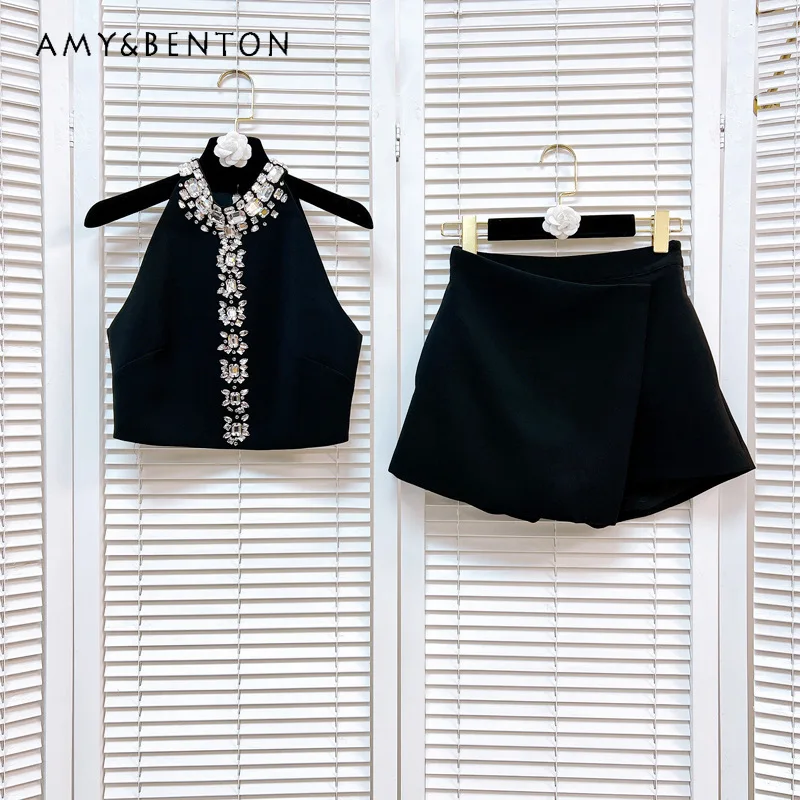 

Socialite Sleeveless Halter Suit Heavy Industry Rhinestone Short Crop Top + Irregular A- Line Short Skirt Two-Piece Set