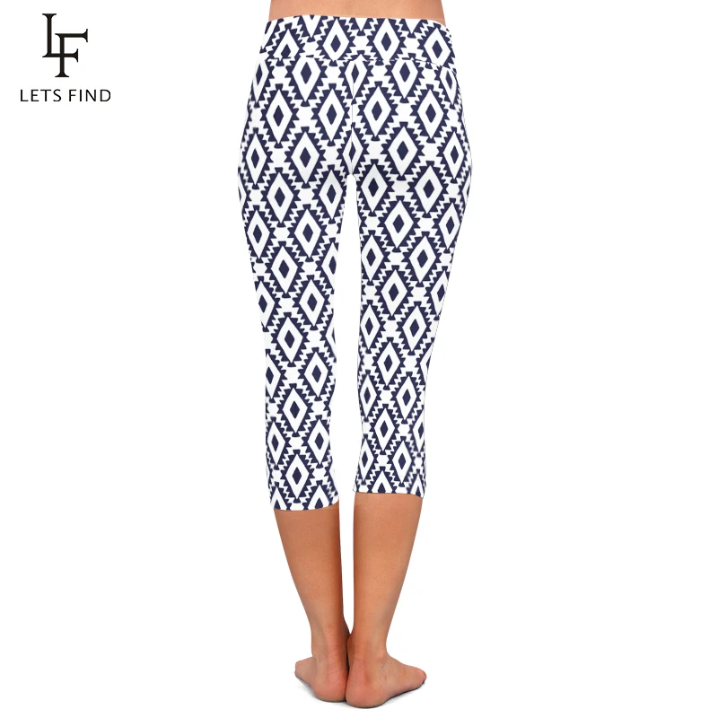 LETSFIND Fashion 3D Diamond Lattice Print Women Capri Leggings High Waist Soft Fitness Elastic Mid-Calf Leggings