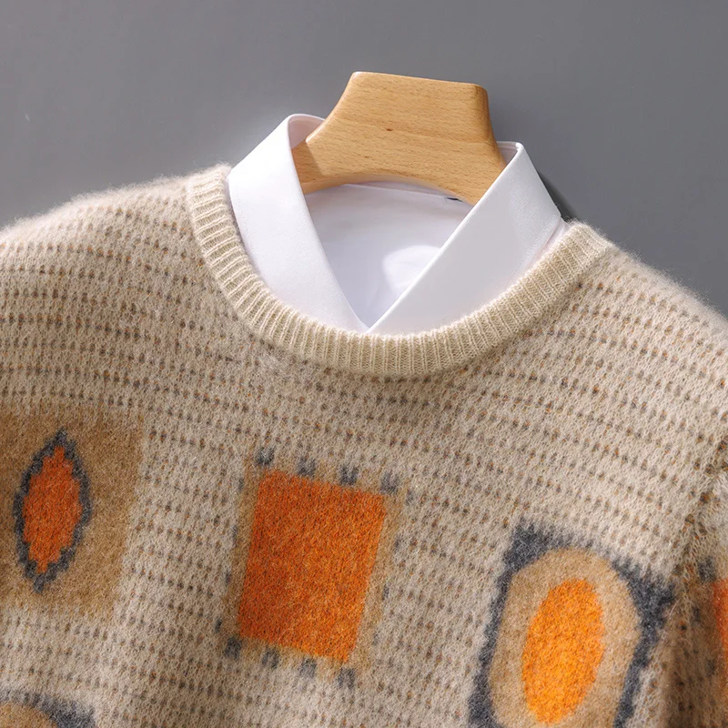 Autumn Winter New Men's Large Size Pure Wool Loose Thick O-Neck Pullovers Contrast Color Casual Knitted Cashmere Sweater 3