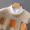 Autumn Winter New Men's Large Size Pure Wool Loose Thick O-Neck Pullovers Contrast Color Casual Knitted Cashmere Sweater 3