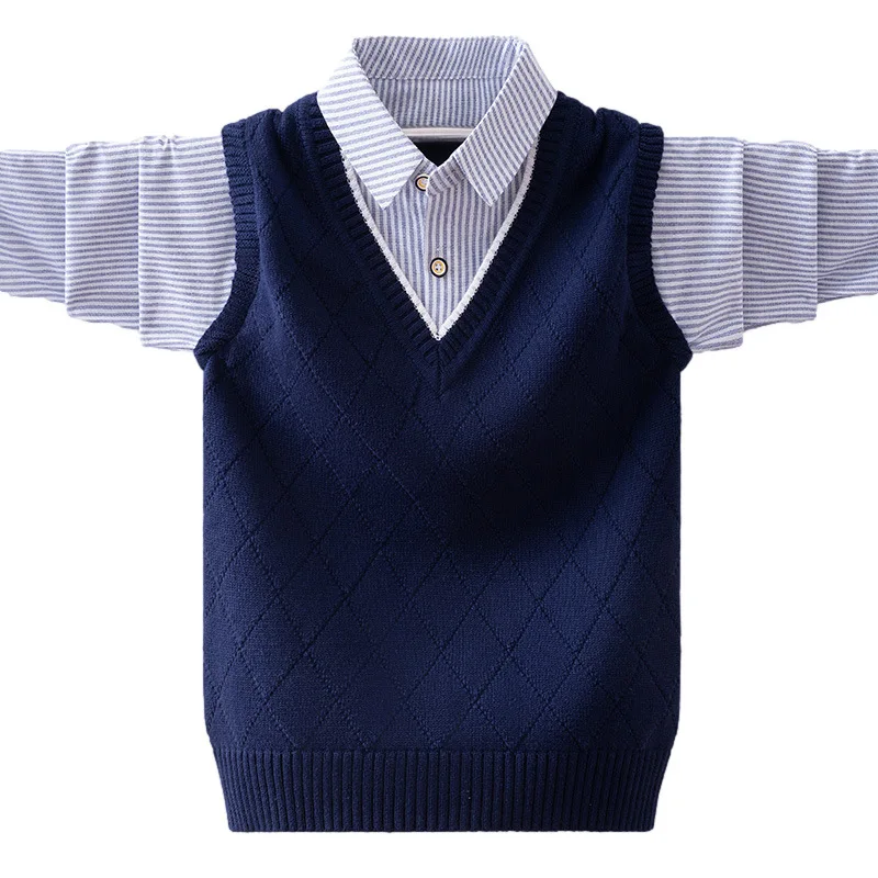 

Teenager Boys Uniform Knitted Sweater Autumn/Winter Kids Splicing Casual Shirt Collar Pullovers For Children 5-15 Years Clothes