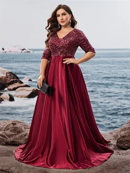 فستان سهرة فاخر بأكمام قصيرة من الساتان على شكل حرف v مقاس كبير للنساء ترتر أنيق للحفلات الراقصة بطول الأرض فساتين كوكتيل 5