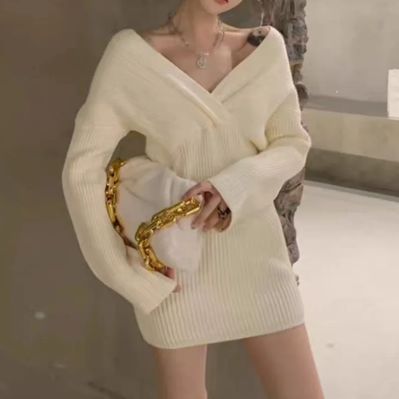 

Vintage V-Neck Dress Fashion Long Sleeve Sexy Knitted Dress Elegant Women Clothes Casual Solid Sexy Sweater Dress Vestidos 29193
