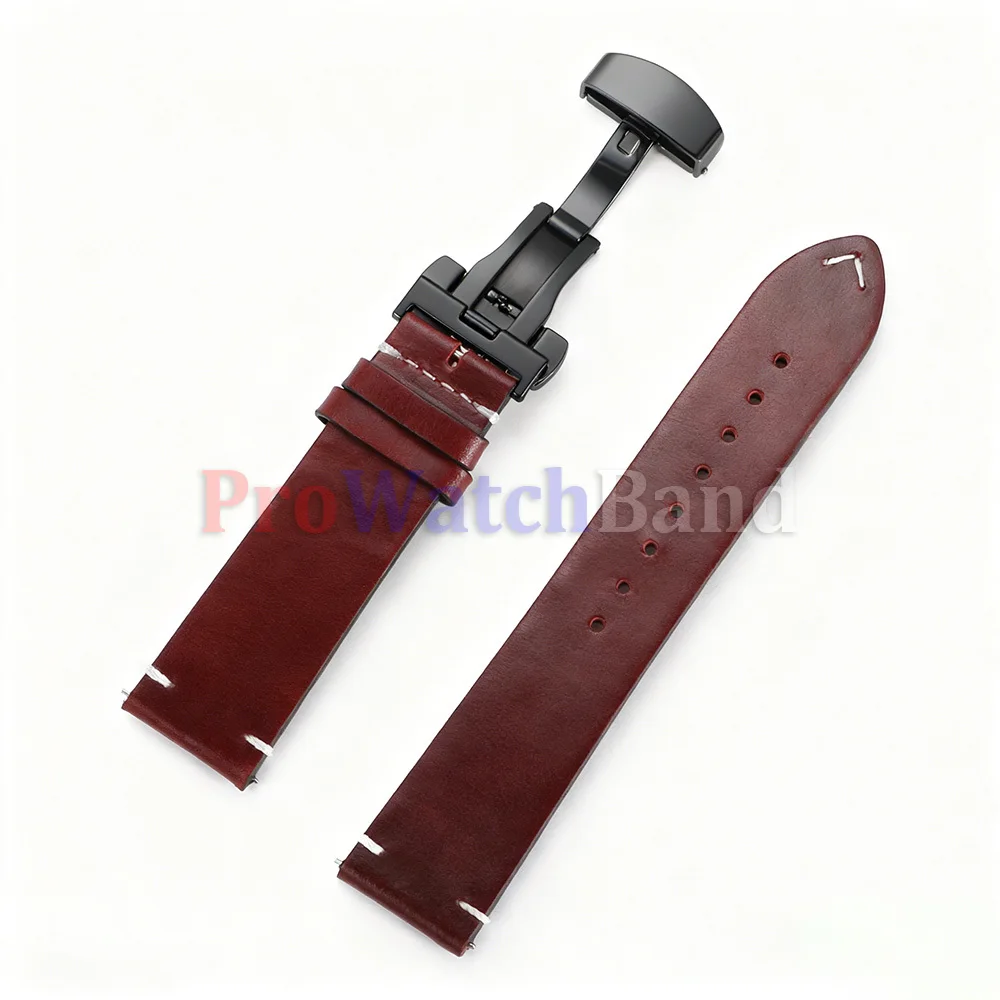 Vintage Soft Oil Wax Cowhide Watch Strap with Butterfly Buckle - Quick Release