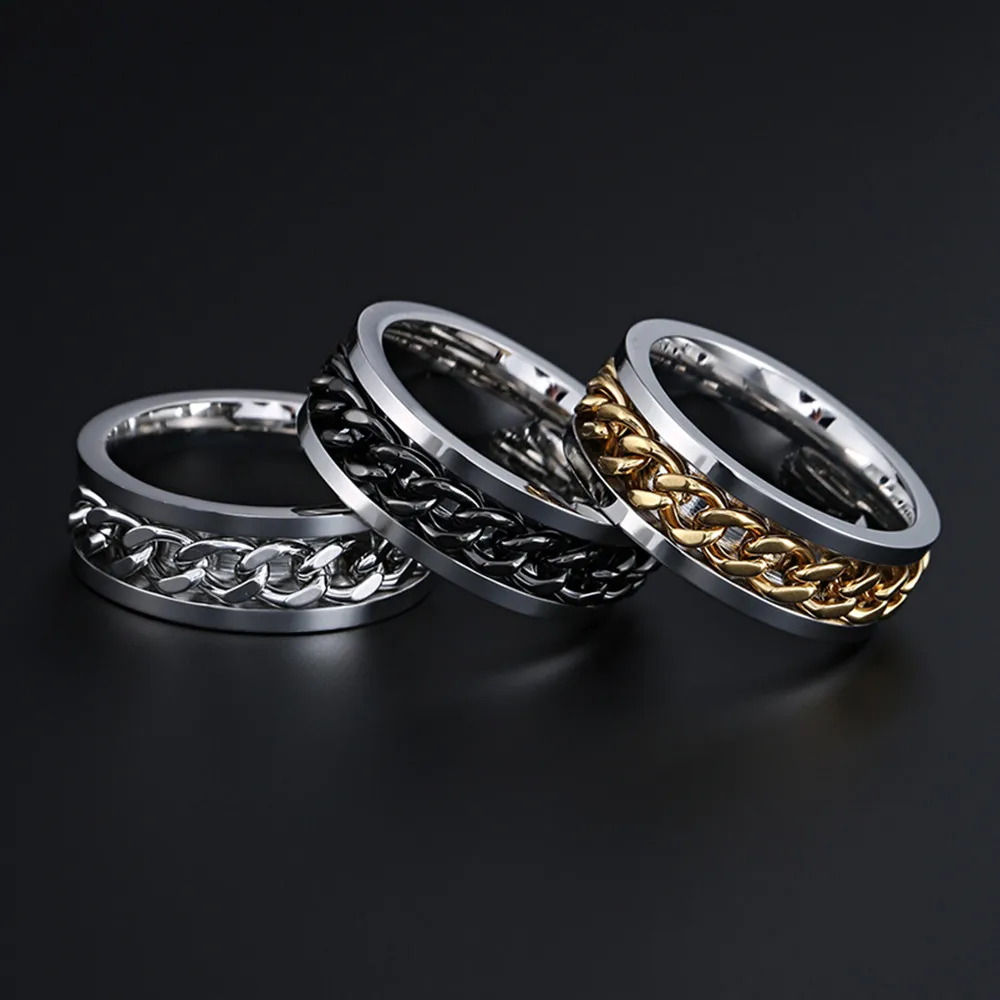 Finger Ring Stainless Steel Ring Couples Rings Chain Ring Fidget Spinner Ring Stainless Steel Rotatable Couple Ring Spinner Chain Rotable Rings for Women Man Punk Jewelry Party Gift