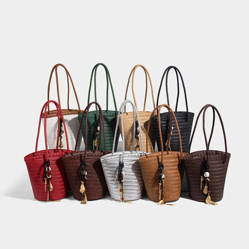 Vintage pu Leather Hand Bags Tote Top Quality Women Weave Basket Shopping Bags Travelling Beach Hobos Handbag