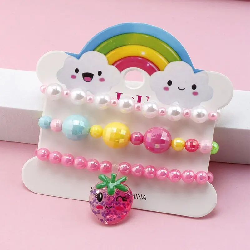 Cute children's cartoon bracelets 3pcs/set princess beads unicorn fruit cat girls jewelry charm gifts