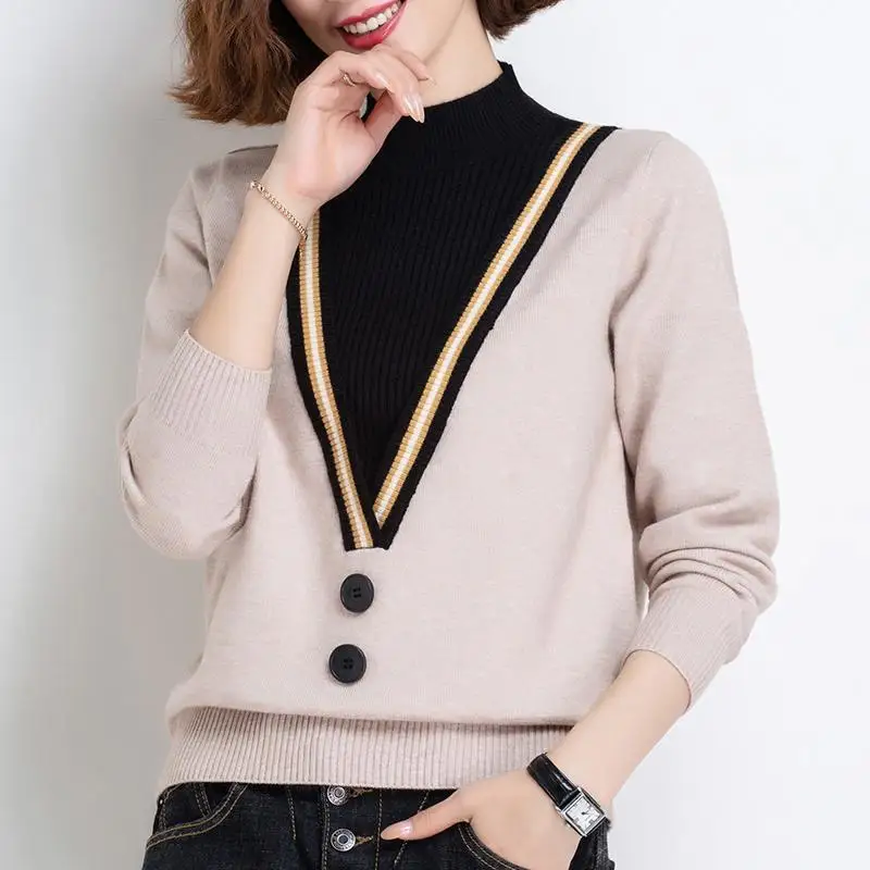 

New Fake Two-piece Women Sweater 2023 Autumn Winter Half High Collar Long Sleeve Pullovers Top Femme Knitted Loose Sweater Mujer