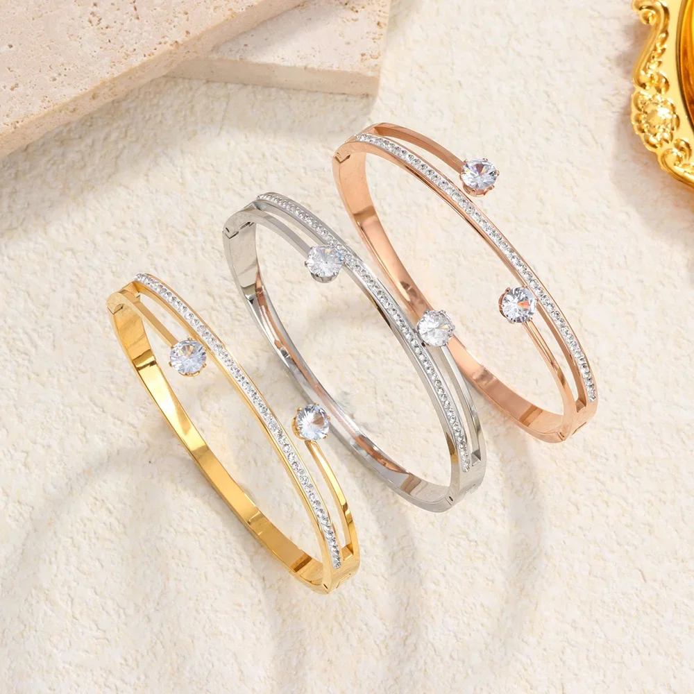 

fashion Zircon rhinestones Inlaid bangle for Woman Stainless Steel Double Layer Bracelet personality gold Jewelry Christmas Gift