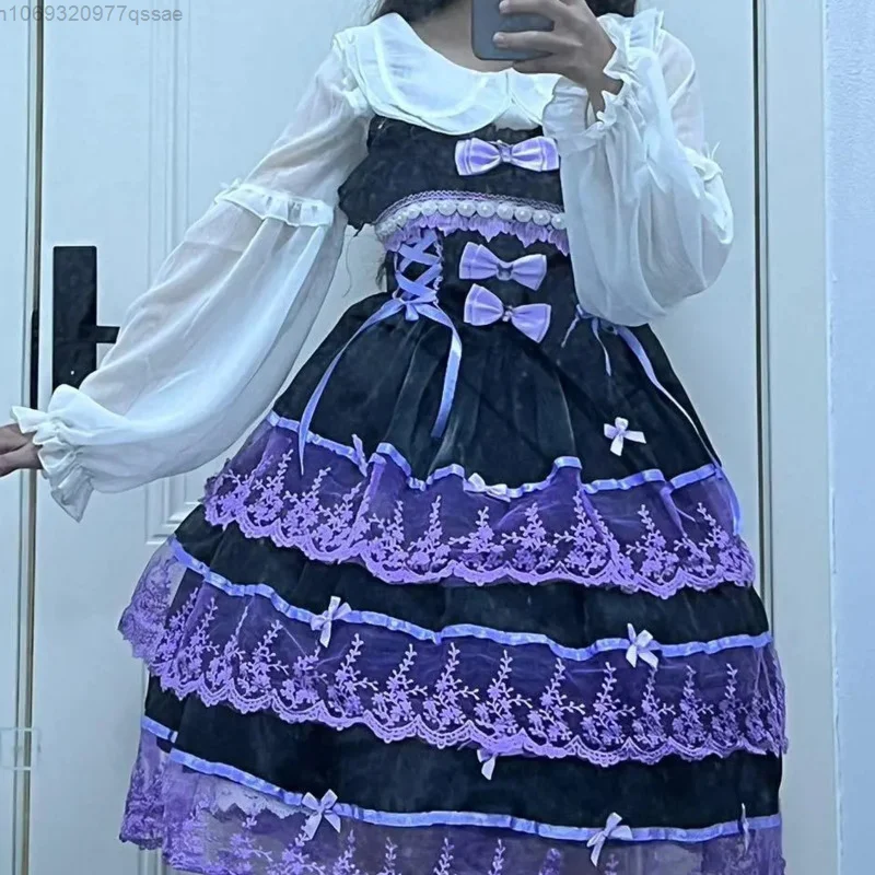 thumbnail image 2 of Vestido JSK estilo Lolita con bordado dulce para niñas, vestido de fiesta con borde de encaje y tirantes finos con cuello Peter Pan, conjuntos completos, 2 of 6
