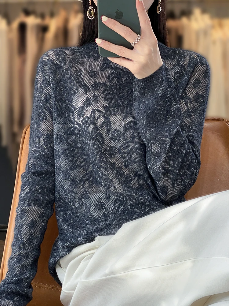 

Весенне-осенний вязаный трехмерный кружевной шерстяной свитер с вырезами Женский пуловер тонкие модные топы с длинным рукавом и круглым вырезом
