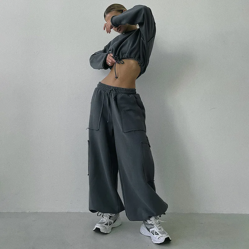 

Women Autumn Winter Cargo Pants Streetwear Casual Wide Leg Multi-pockets Baggy Straight Trousers Jogger Y2K Oversize Sweatpants