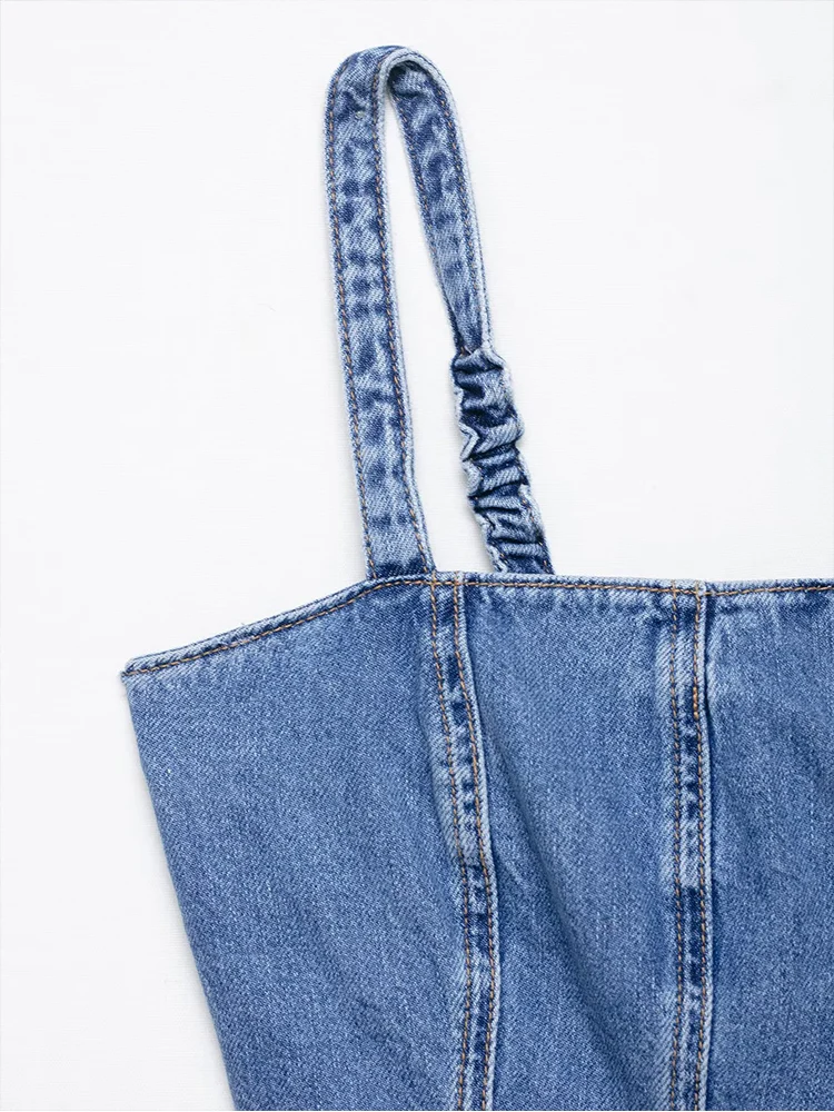 TFMLN 2025 New Women Casual Denim Sling Top Fashion Slash Neck Back Zipper Corset Female Vintage Wave-type Wide Pendulum Top