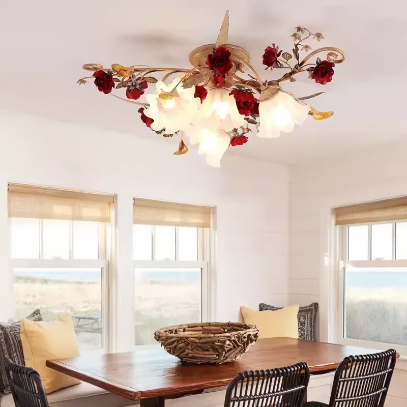 

Nordic Pastoral Retro Chandeliers Romantic Flower Home Decor Ceiling Lamp Fixtures for Living Room Bedroom Lighting Luminaire