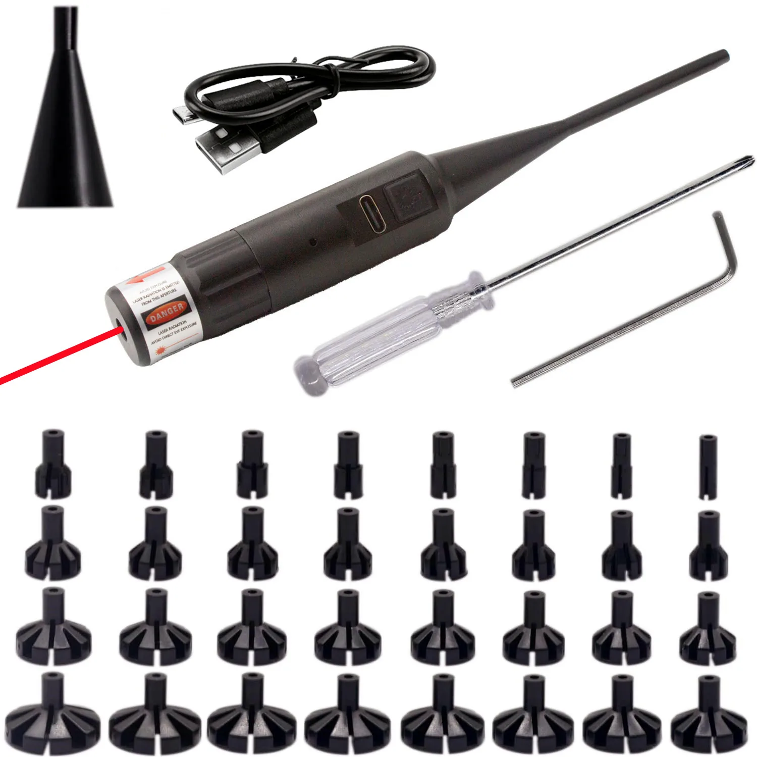 Red Laser Bore Sighter Collimator .17 .22 To 12GA Caliber Sight With 32 Adapters