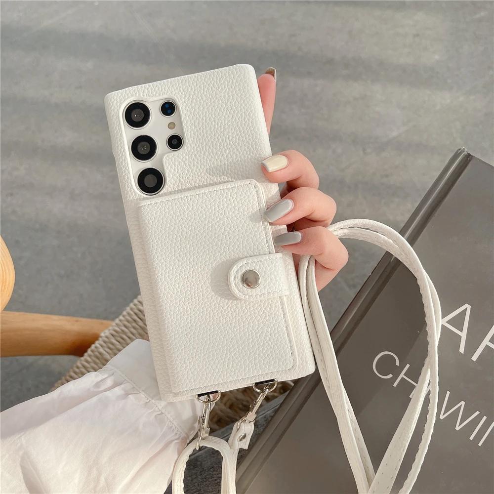 

Роскошный кожаный чехол для телефона с ремешком на шею и на плечо для Samsung S23 Ultra S22 S21 Plus, зеркальный чехол-кошелек через плечо, защитный чехол с ремешком