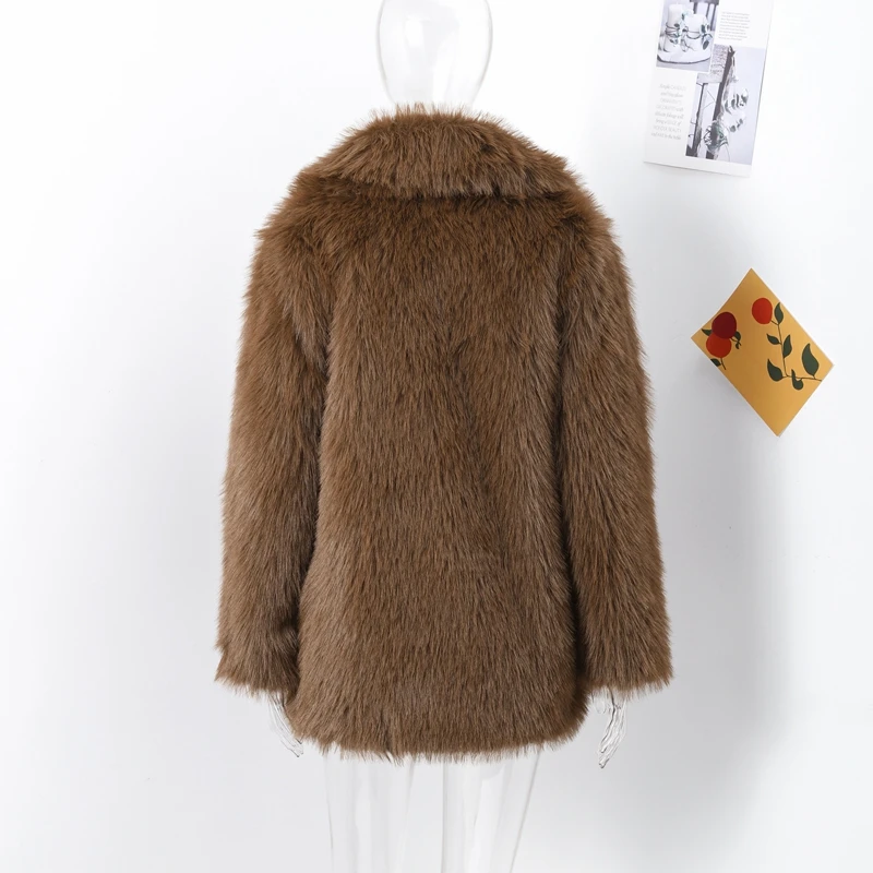 Luxury Brown Faux Fur Coats Women Fashion Full Sleeve Lapel Long Warm Jacket Winter Fluffy Thick High Street Outerwear New