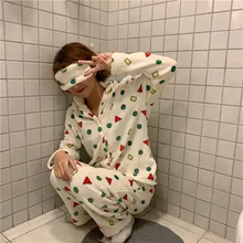 Winter Pajamas Set Women Sleepwear Warm Thin Flannel Long Sleeves Pajamas Cartoon Cute Geometric Homewear Home Suit