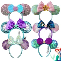 Disney Mickey Mouse Mermaid Ariel Headband Disneyland Minnie Ears Sequins Purple Headwear Children Boy Girl Beauty Toys Gift