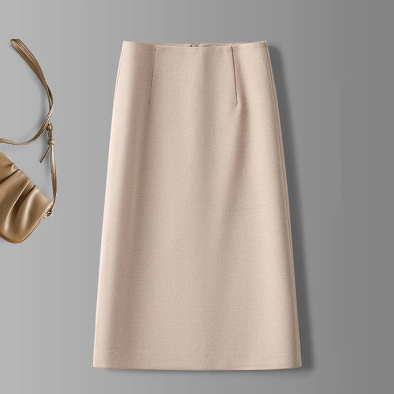 Herbst Winter Damen Dünne A-Linien Wollröcke Mädchen Klassische Koreanische Hochtaillierte Röcke Damen Mode Einfarbiges Mittellanges Kleid – Detail 6