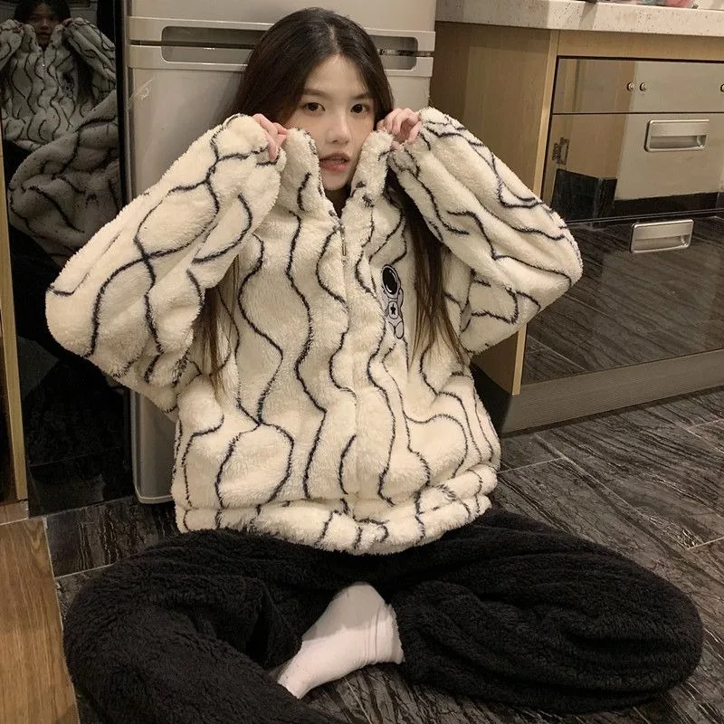 2024 New Korean Version Loungewear Coral Velvet Pajamas Autumn Winter Thick Velvet Sleepwear Zipper Flannel Students Homewear
