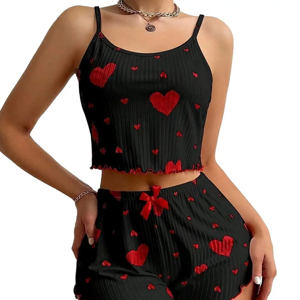 Women's Pajamas Set Sleepwear 2 PCS Short Tank Tops And Shorts S M L White Ventilate Soft Casual Heart Printing ﻿
