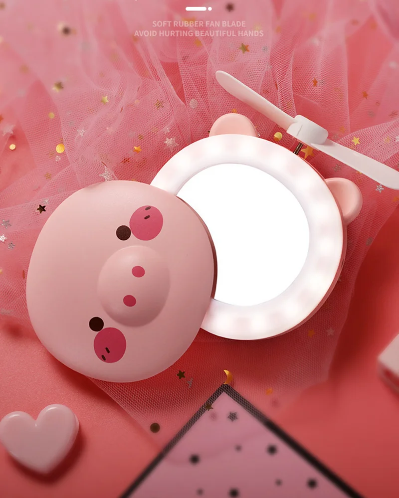 Cute Piggy Makeup Mirror With Led Light Handheld Cosmetics Mirror With Small Fan Girls Travle Portable Vanity Mirror HD Mirror images - 6