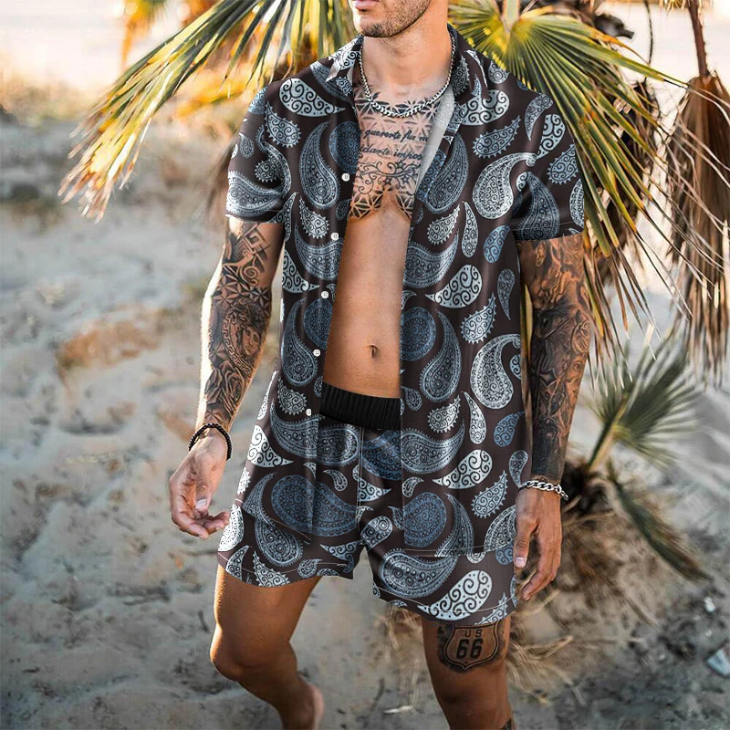 

Men Hawaiian Sets Summer Bohemia Print Short Sleeve Shirt Beach Button Shorts Holiday Men's Two Piece Suit Cardigan High Quality