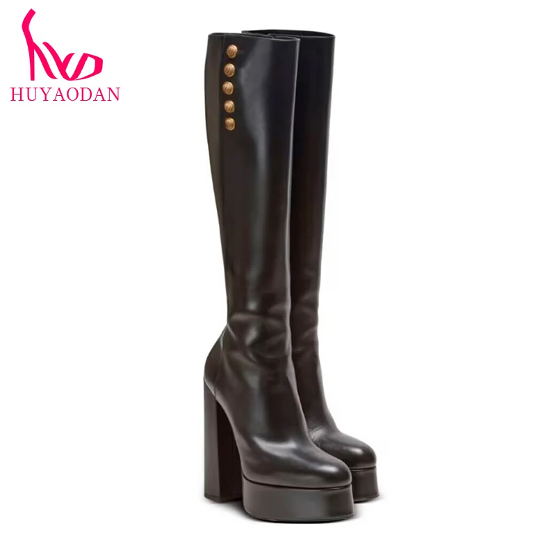 

HUYAODAN New Autumn Winter Shoes Woman Knee High Boots Chunky High Heels Platform Black Zipper Dress Party Female Long Boots 40