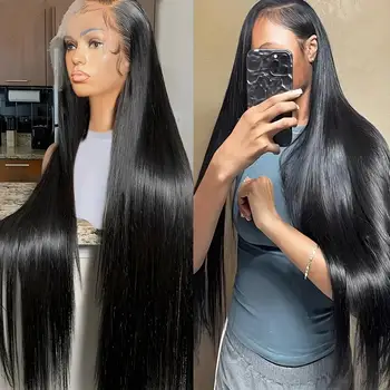 30 40 Inch Bone Straight 13x6 HD Lace Frontal Wigs Pre Plucked Brazilian Transparent Lace Front Human Hair For Women 200 Density 1