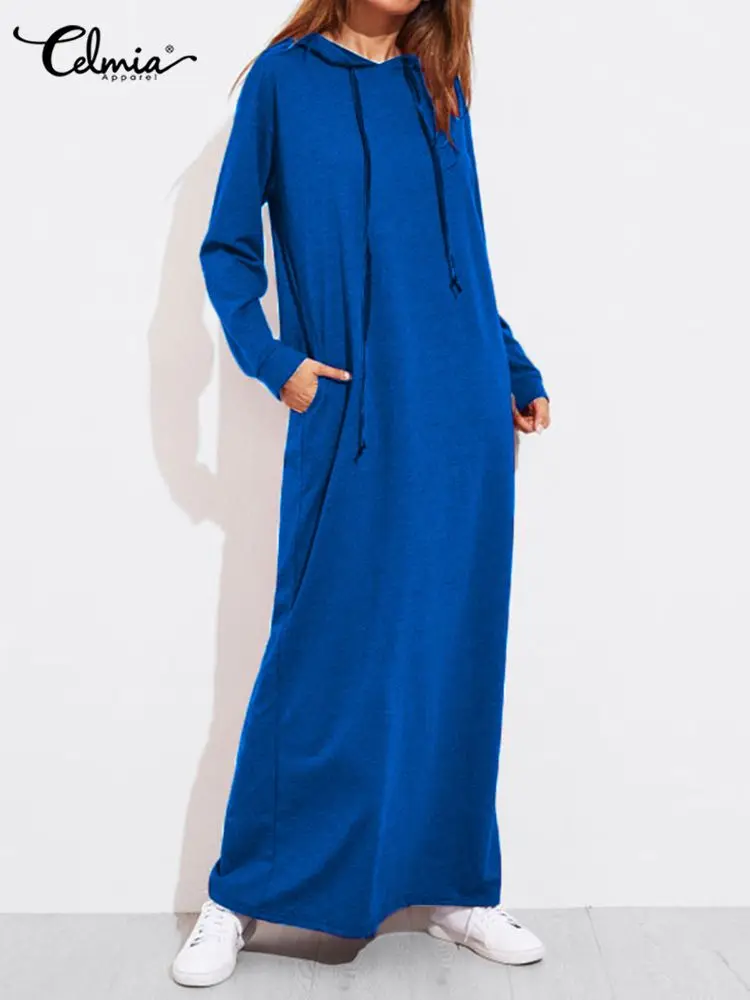 

Casual Loose Dress Celmia Women Simple Sweatshirt Fashion Long Sleeve Autumn 2022 Long Robes Knitted Hooded Hoodies Dresses