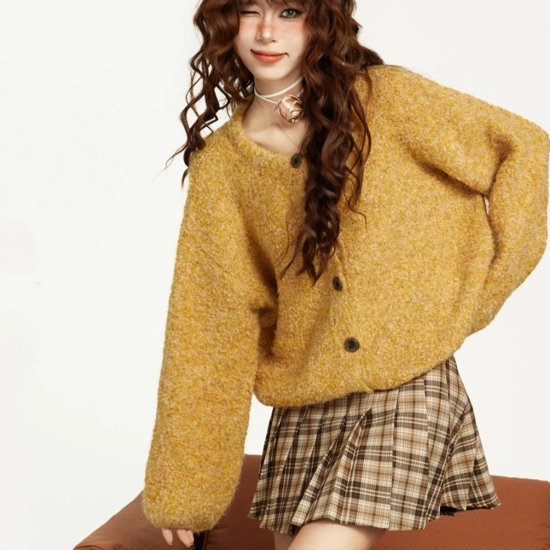 Autumn Fashion Women's Crew Neck Cardigan Long Sleeve Sweater Elegant New Lantern Sleeve Knitwear Loose Casual Top