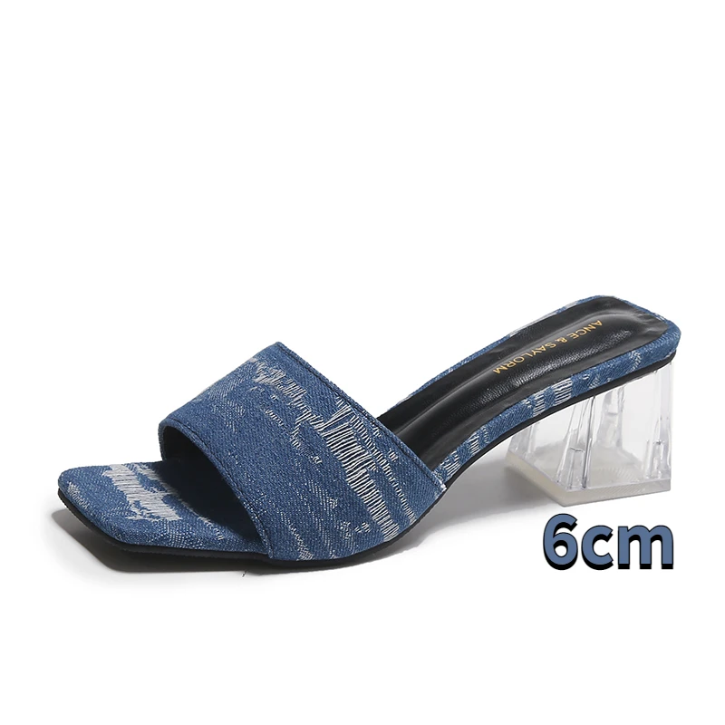

Women's Casual Open Toed High Heels Shoes 2023 Summer Designer Square Toe Sandals Ladies Luxury Denim Slippers Zapatos De Mujer