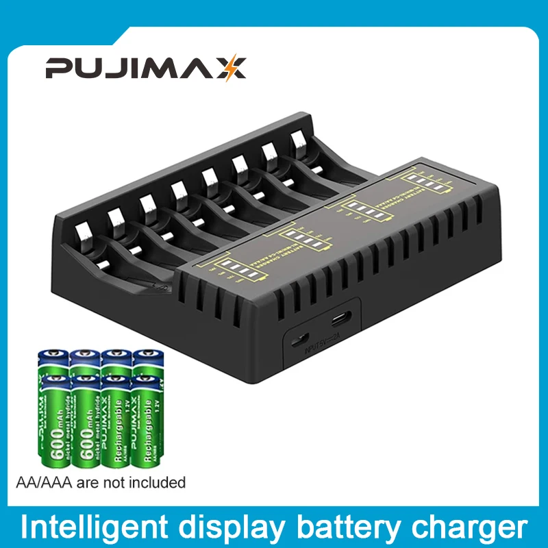Battery Charger PUJIMAX Battery Charger 8 Slots with LED Indicator for Ni-MH/Ni-Cd AAA/AA Rechargeable Battery Short Circuit Protection Chargers