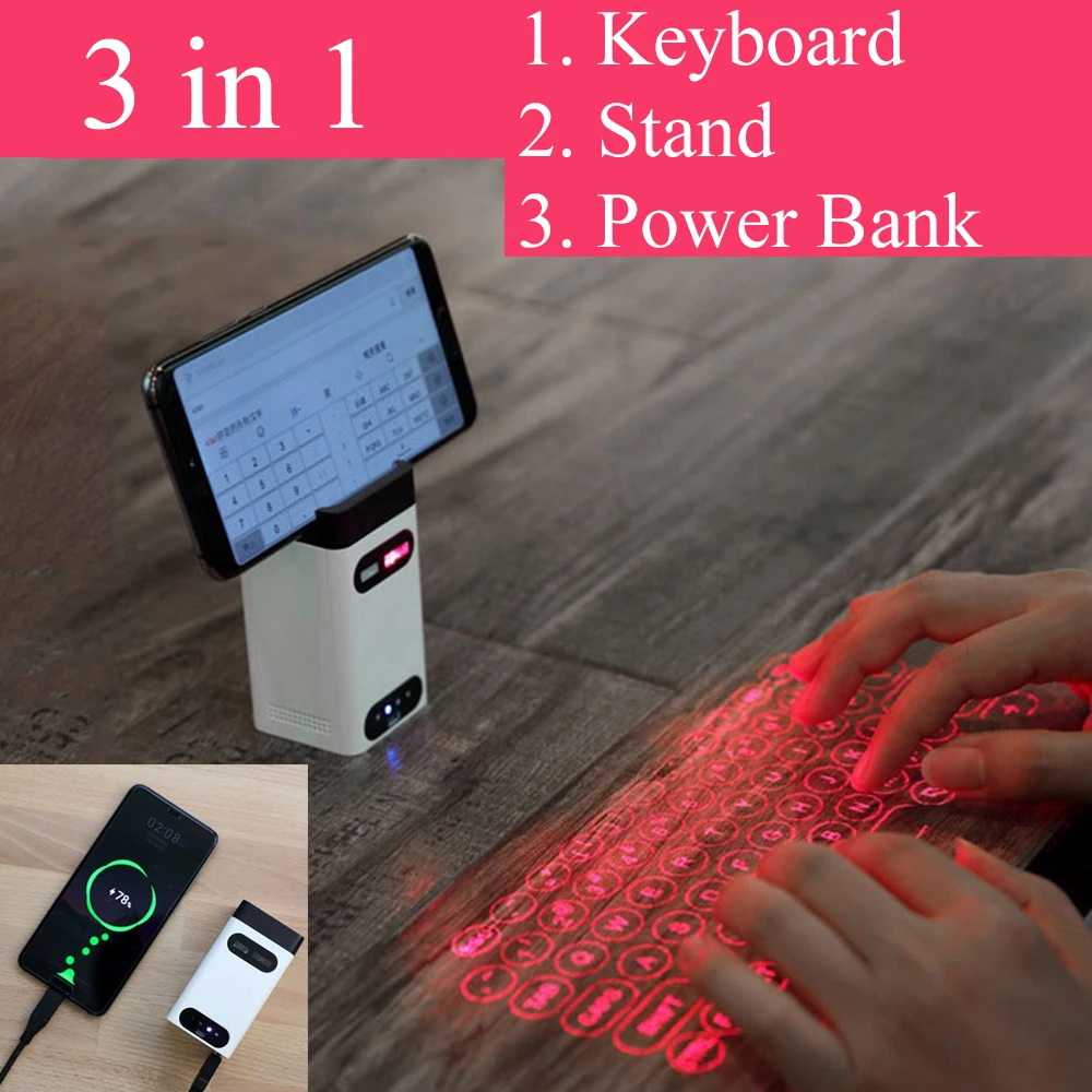 

3 In 1 Virtual Laser Keyboard Mobile Phone Stand Power Bank Mini Black White Wireless Bluetooth Projection Keyboards Infrared