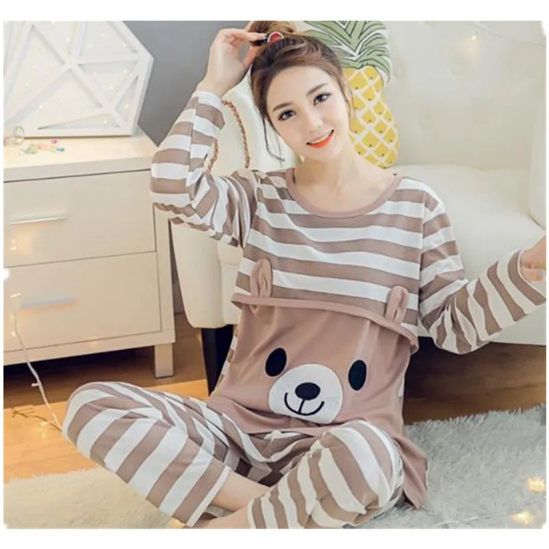 Cotton Breastfeeding Maternity Pajamas Sets Pregnacy Women Clothing Sleepwear Long Sleeve Top +Pants Nursing Nightgown 2Pcs/Set new women maternity breastfeeding pajamas set short sleeve nursing baby patchwork casual t shirt tops shorts solid sleepwear 2pc