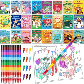 24Pack Small Coloring Books for Kids with 24 Stacking Crayons Set Bulk Coloring Books for Kids Ages 2-4, 4-8, 8-12 Mini Coloring 1