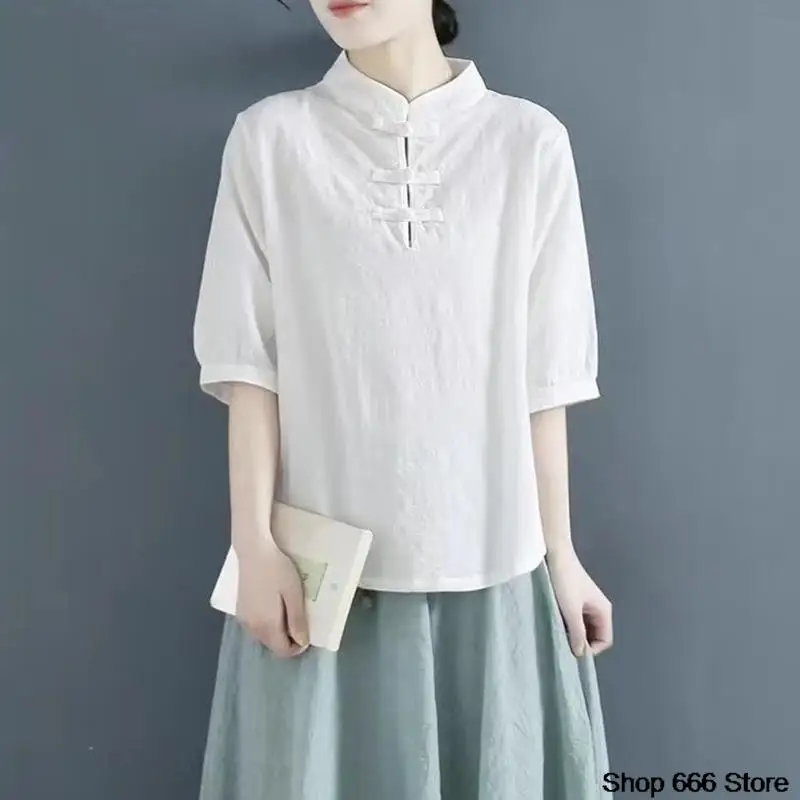 Summer Traditional Chinese Women's Clothing Tang Hanfu Spring Autumn Shirt Blouse Loose Leisure Top Vintage T-shirt Tea Service